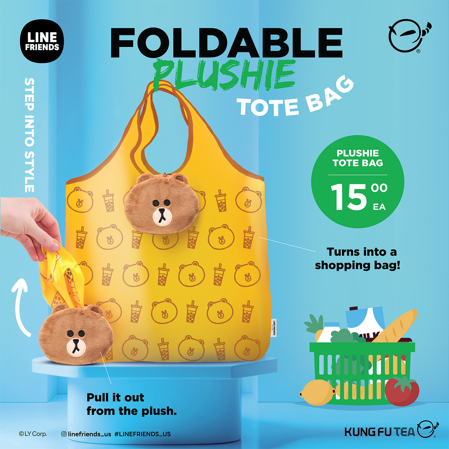 LINE FRIEND BROWN Foldable Plushie Tote Bag