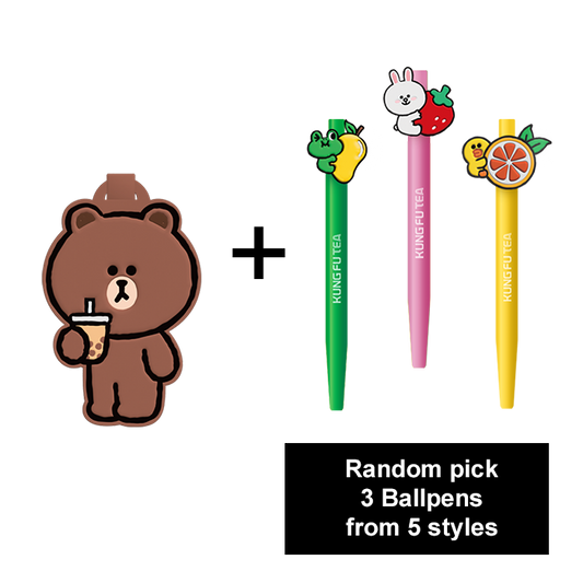 [Special Bundle] LINE FRIENDS BROWN Travel Tag (1) + Random select Ballpens (3)